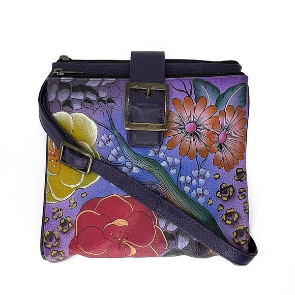 Anuschka Hand Painted Crossbody Bag Flowers Purple Blue Pink Yellow Leather EUC - Picture 1 of 15